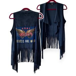 Via Penny Lane Reworked Apparel | Aerosmith Vegas Tour Navy Suede Fringe Vest XS